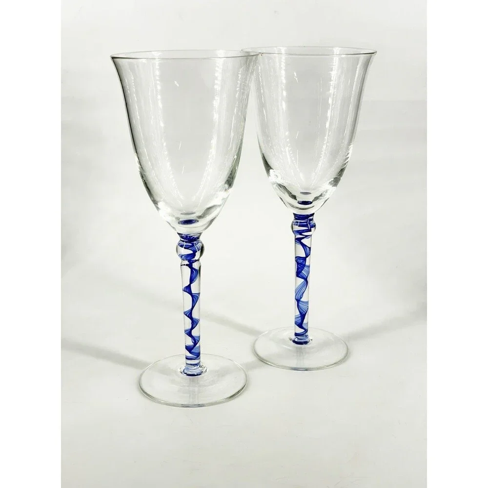 PIER 1 Blue Ribbon Swirl Stem Wine Goblet Glasses